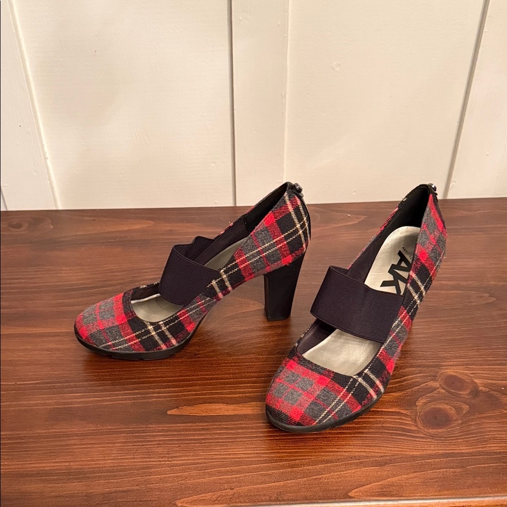 Anne Klein Red Plaid Heels with Black Strap